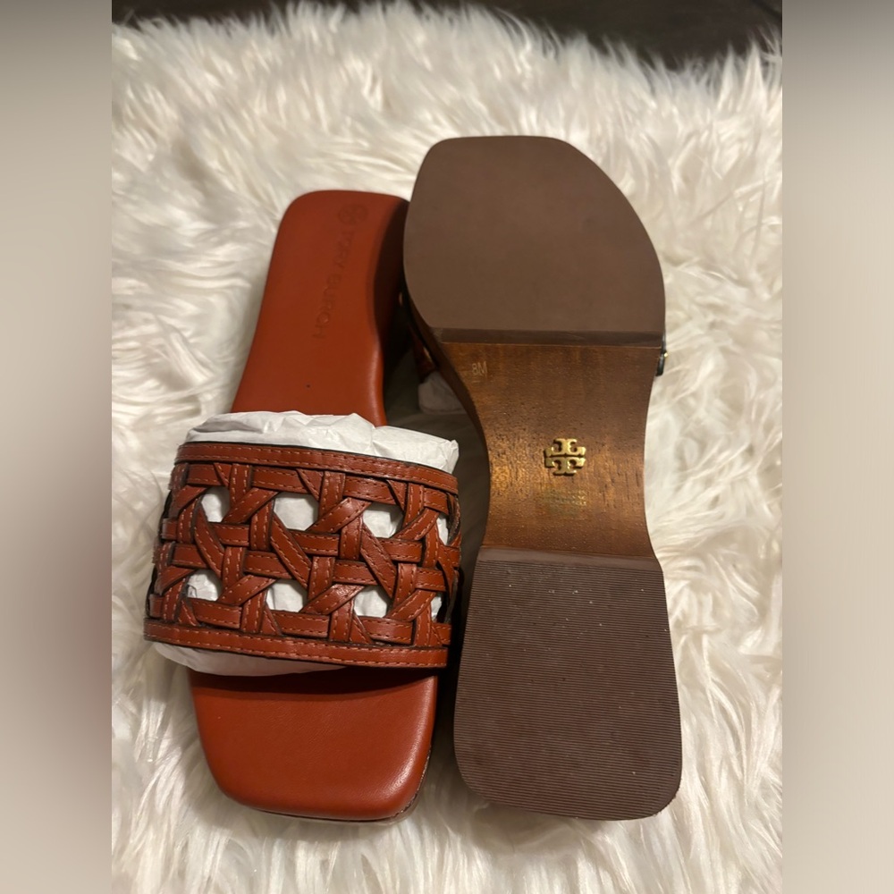 Tory Burch women's Basket Weave Brown Leather Clogs US 8 M Wooden Slide Mules - Picture 3 of 4
